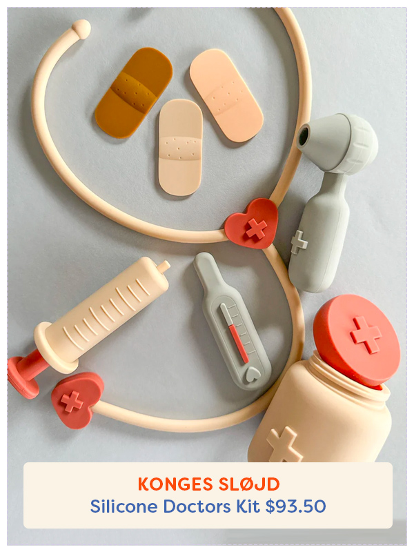 toy doctors kit made from silicone showing all the lements included