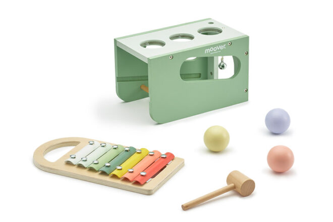 Danish by Design Moover Musical Tap Tap set showing a flat lay of the different items in the musical toy as well as size and colours