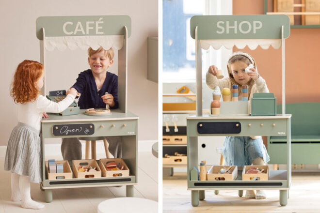 the Flexa Shop and Cafe showing children playing with both sides of the structure