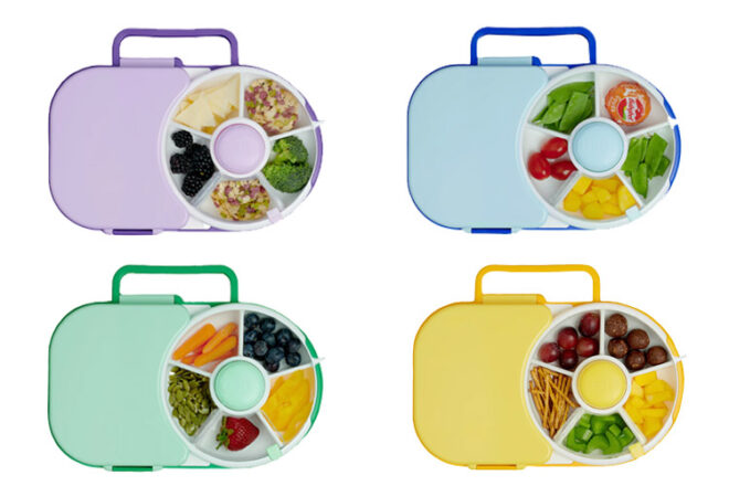 Four Gobe snack spinners showing different colours and snack ideas