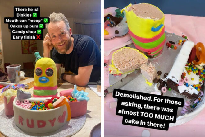 Hamish Blake baking his daughter's fifth birthday cake on Instagram stories