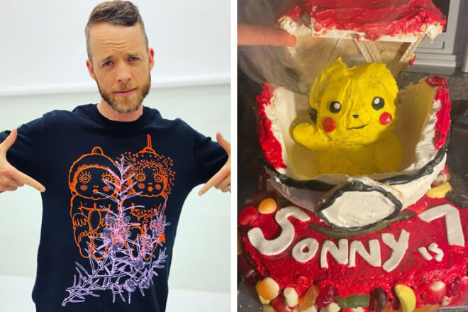 Hamish Blake next to a photo of the cake he baked for his son on his seventh birthday