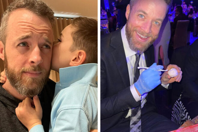 Hamish Blake with his son whispering in his ear next to a photo of Hamish constructing parts of a cake at a charity ball