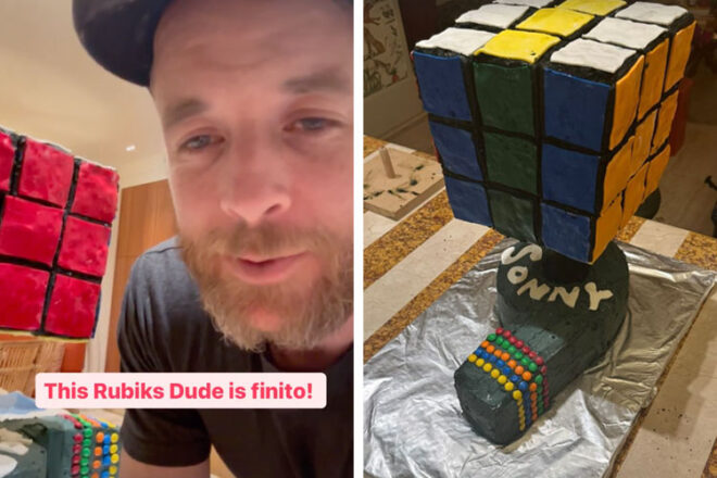Hamish Blake baking his son's ninth birthday cake on Instagram stories