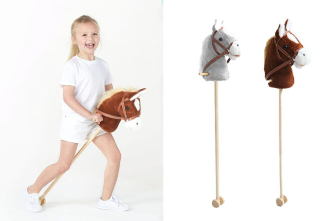 Young girl riding a hobby horse from hipKids next to two leaning on the wall