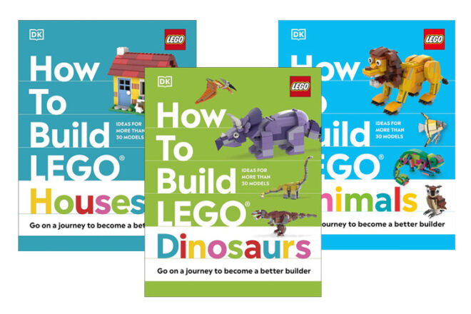 three LEGO building book covers, Houses, Dinosaurs and animals