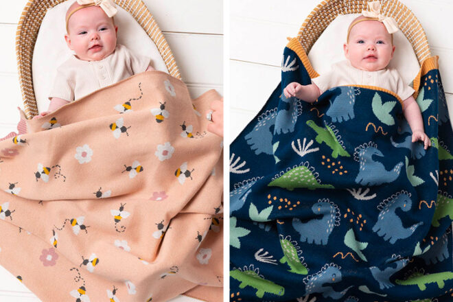 Two babies in bassinets with bumble bee and dinosaur baby blankets