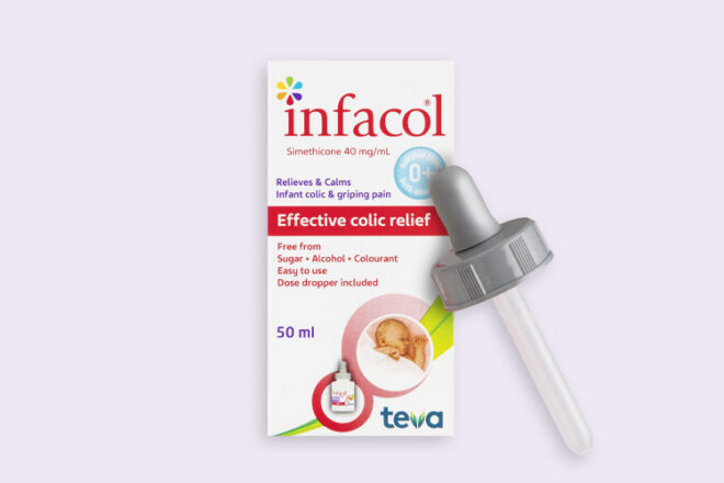Flat lay product image of Infacol Colic Relief Drops on a lilac background