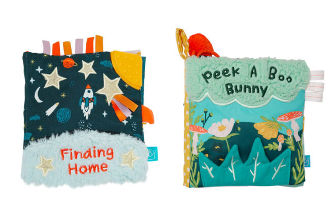 Side by side images of the Manhattan Toys Peek A Boo Cloth Books titled 'Finding Home' and 'Peek A Boo Bunny'