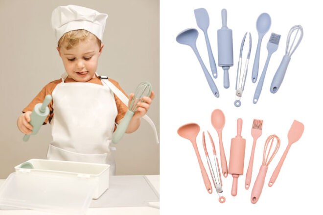 Side by side images showing a little boy with a chefs hat playing with the Montessori Mini Chef Kids Kitchen Set next to the Blue and Pink colours