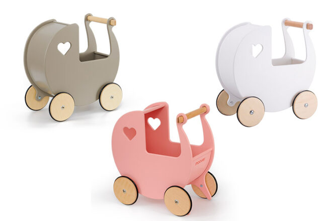 Moover Classic Dolls Pram in three different colourings showing the different styles and angles of their simplistic pram and features