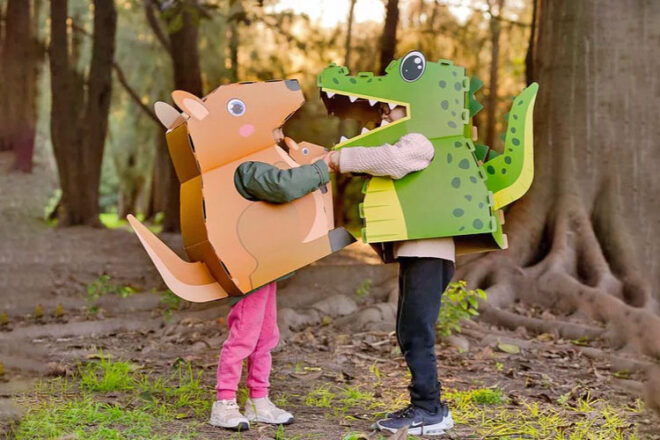 Paper Pops 3D Cardboard costumes in Kangaroo and Crocodile