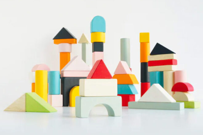 The Le Toy Van Petilou Building Blocks built up to look like a mini city