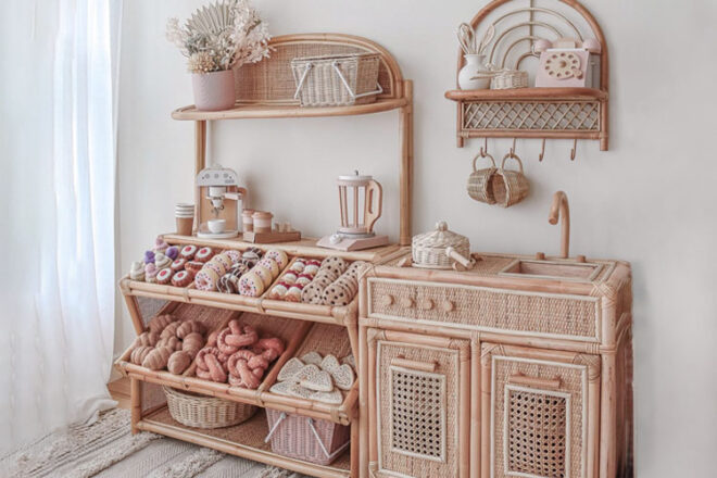 Image showing the Poppy's Little Treasures Rattan Market Stall next to the rattan kitchen set