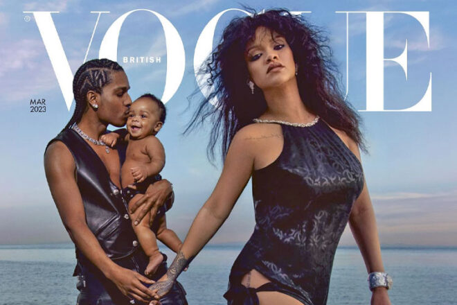 Singer Rihanna with partner ASAP Rocky and their child RZA on the cover of British Vogue
