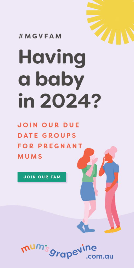 Illustration of two ladies talking with the text 'Having a Baby in 2024? Join our due date group for pregnant mums.