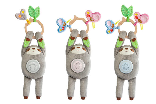 Baby sleep aid Sloth showing different colours and teether options.