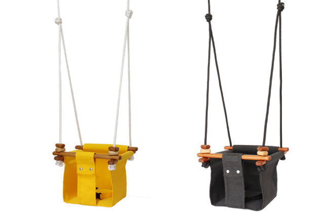 Solvej Swings side by side in two colours, yellow and black showing the design and size.
