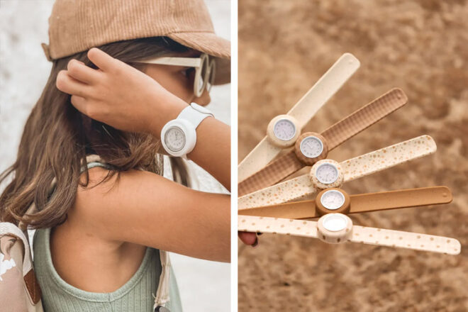 young girl wearing a strapies watch next to an image showing 5 different designs
