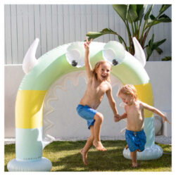 two children playing with the SUNNYLiFE Inflatable Giant Sprinkler Monty the Monster