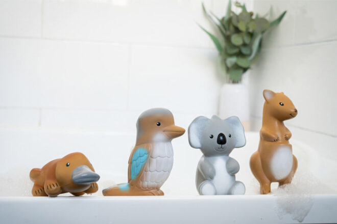 Tikiri First Australian Animals sitting on the edge of a bathtub showing that they can be used for bath play