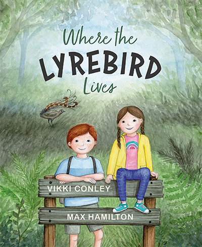 The book cover of Where the Lyrebird Lives by Vikki Conley showing an illustration of two young children sitting on a bench in a jungle