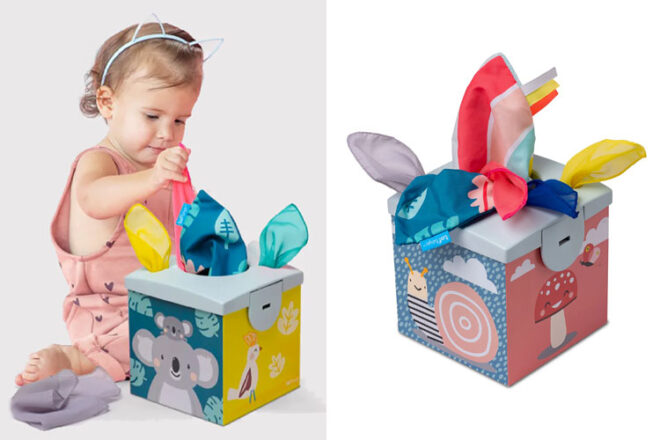 Side by side images show the Taff Toys Wonder Tissue Box with a child demonstrating how to play with it