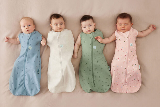 four babies wearing ergoPouch Hertiage collection 1.0 tog cocoons