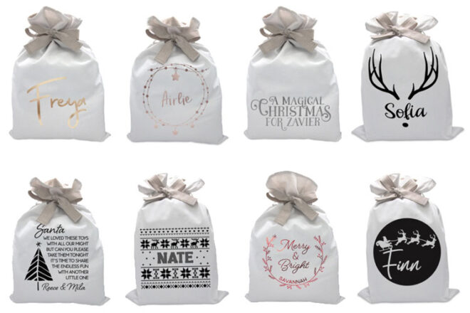 A collection of Babies 2 Infinity Santa Sacks with different designs and customisations