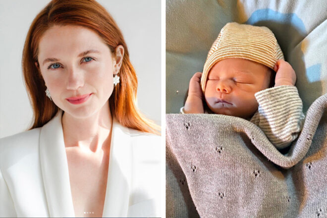 Side by side images of Actress Bonnie Wright and her baby boy Elio