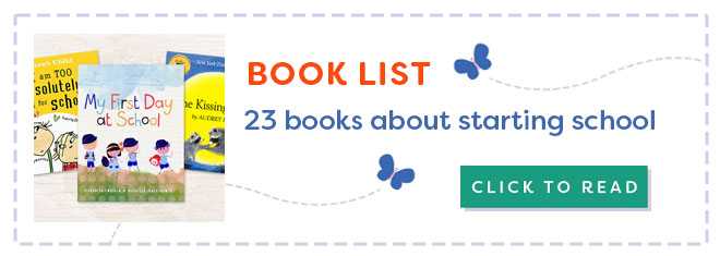 Graphic showing Book List - 23 books about starting school with a click to read button
