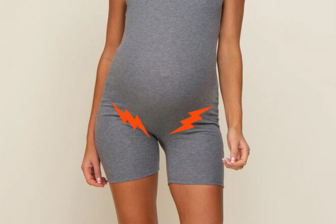 pregnant woman with lightening bolts indicating where the pain for Lightning Crouch is located