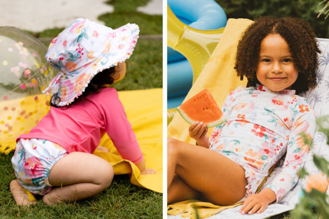 Young children wearing Minihaha toddler swimwear showing two different styles and matching hat.