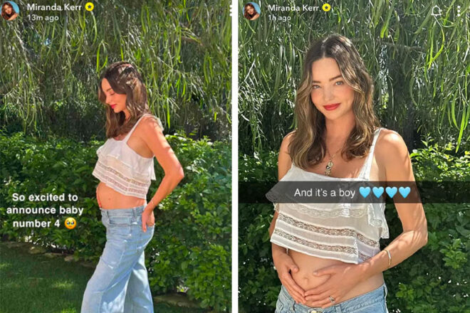 Model Miranda Kerr standing in a garden area showing off her baby bump with text revealing that she is pregnant with a baby boy