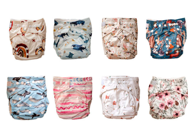 Two rows showing the My Little Gumnut Cloth nappies in different designs