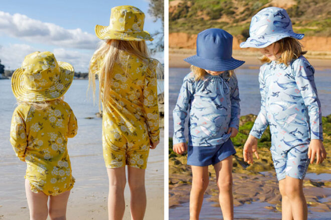 Back and front view of children at the beach wearing Purebaby youth swimwear, showing two different styles and prints for girls and boys, plus matching hats.
