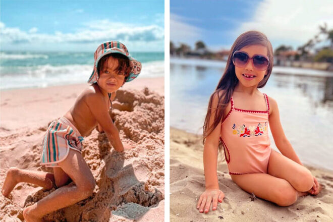 a boy and girl at the beach wearing Tyoub Kids Swimwear