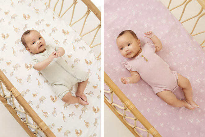 Aster and Oak Cot Sheets in two differing colours side by side showing pattern whilst a baby sleeps atop.