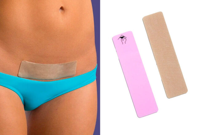 A woman wearing the Biodermis Epidem C Strips and the two styles they come in - clear and natural