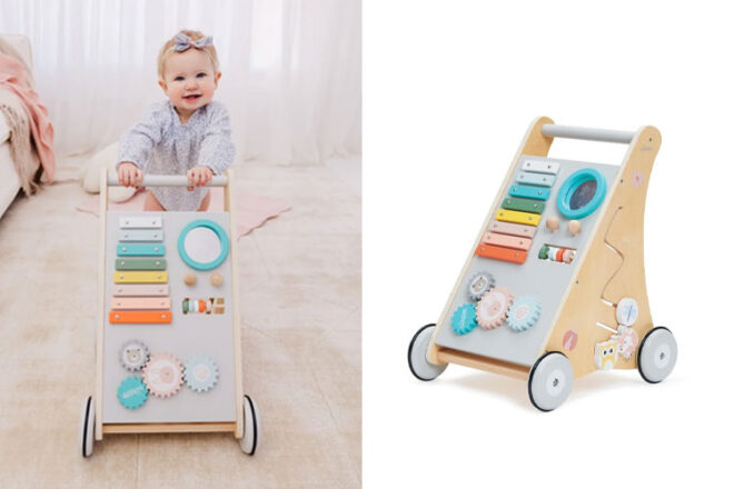 A baby walking with the Bubble Wooden Activity Play Walker