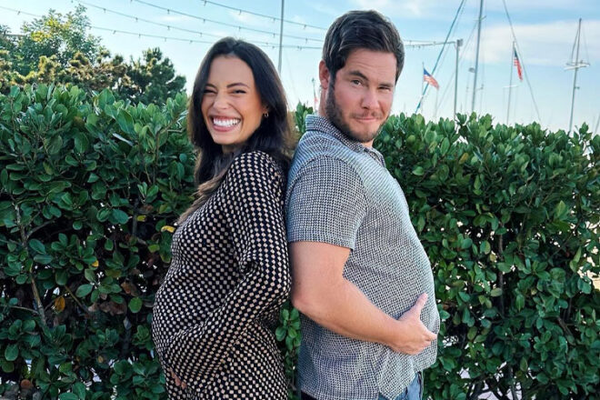 Image showing actors Adam Devine and Chloe Bridges announcing their pregnancy