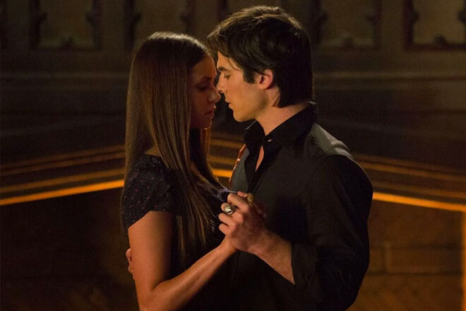 Ian Somerhalder and Nina Dobrev as Damon and Elena in the TV show The Vampire Diaries
