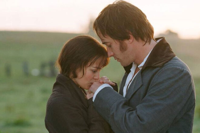 Keira Knightly and Matthew McFadden as Elizabeth and Mr. Darcy in the movie Pride & Prejudice