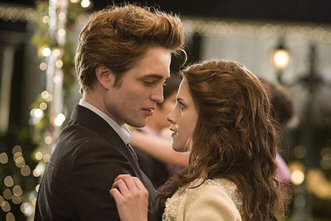 Robert Pattinson and Kristen Stewart as Edward and Bella in the movie Twilight