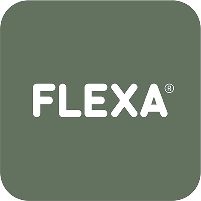Logo of toy brand FLEXA on a green background