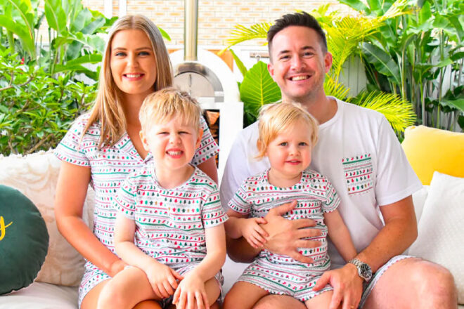 A family wearing matching Christmas Pjs from Giddy Vibes