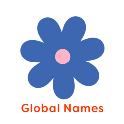 Illustration of blue and pink flower head with words Global Names