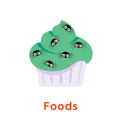 Drawing of a green cupcake covered in Halloween spider sprinkles