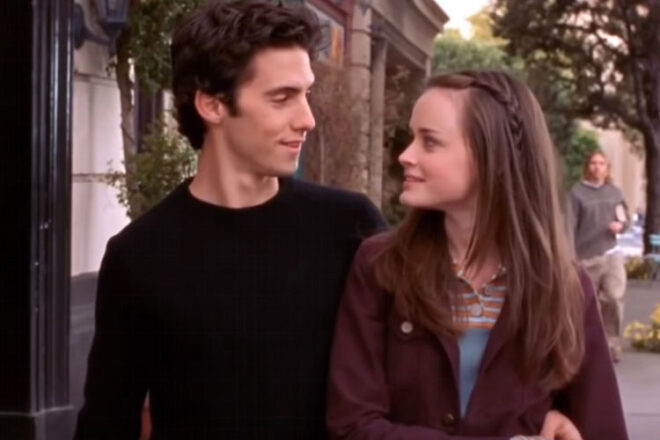 Alexis Bledel and Milo Ventimiglia as Rory and Jess in the tv show Gilmore Girls