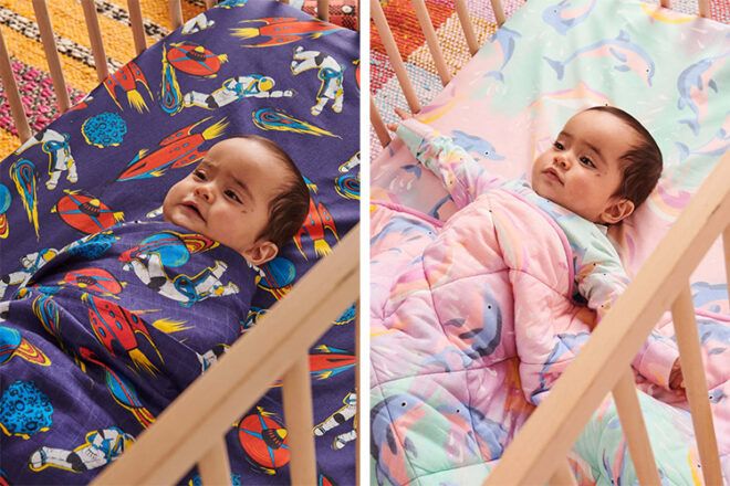 Kip and Co Cot Sheets showing babies laying a top a bright and colourful cot sheet for relational size and design.